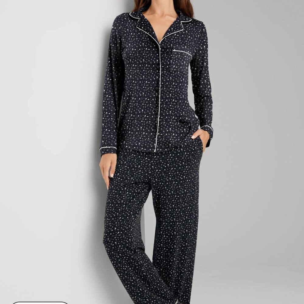 Tommy John Black Microprint Pajama Set with White Piping